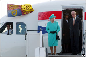The Queen and her husband, the Duke of Edinburgh, land at Berlin's Tegel military airport for her fourth state visit to Germany