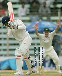 Glenn McGrath removes Virender Sehwag