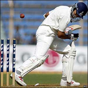Zaheer Khan is clean bowled by seamer Michael Kasprowicz
