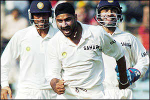 Harbhajan Singh enjoys getting the wicket of Adam Gilchrist