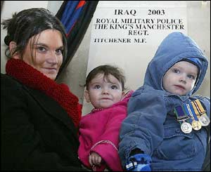 Raqual Harper-Titchener, Angel and Matheson, the wife, son and daughter of Maj Matthew Titchener, killed in Iraq, attended a ceremony to unveil his name on the war memorial in Southport, Merseyside. 