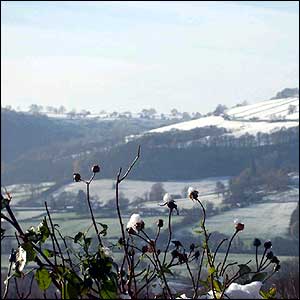 Snow-covered Stanton Moor, in Derbyshire