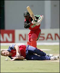 Darren Gough drops a caught and bowled chance
