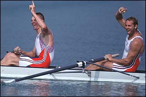 Matthew Pinsent and Steve Redgrave celebrate success in the 1992 Olympics in Barcelona