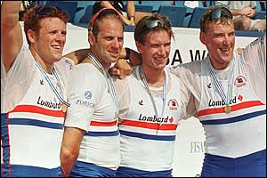 James Cracknell, Steve Redgrave, Edward Coode and Matthew Pinsent celebrate success in the World Rowing Championships