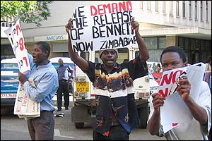 England cricketers were subjected to their first demonstration on their tour of Zimbabwe as they left their hotel 