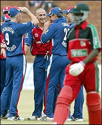 Simon Jones celebrates dismissing Tatenda Taibu 