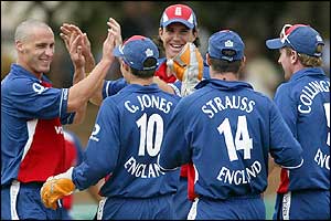 Simon Jones is congratulated by his team-mates