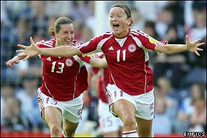Merete Pedersen celebrates scoring for Denmark