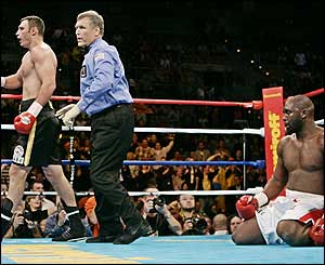 Williams ends up on the canvas inside the first two minutes and again in round three and is only saved by the bell