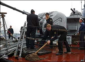 Russian navy ship Razliv prepares to leave port