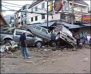 A scene of devastation at Patong beach resort on the island of Phuket, Thailand