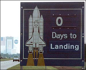 A sign near Kennedy Space Centre's vehicle assembly building announcing the imminent return of Discovery