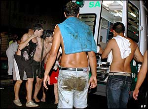 Injured club-goers are helped to an ambulance