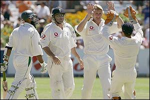 Matthew Hoggard celebrates claiming the wicket of Hashim Amla