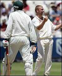 Shaun Pollock is dismissed by England's Andrew Flintoff 