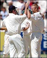 Andrew Flintoff celebrates dismissing Boeta Dippenaar 