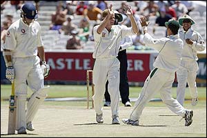 Marcus Trescothick is dismissed by Shaun Pollock