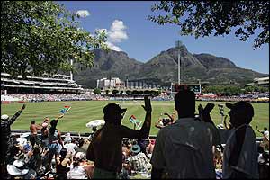 The home support at Newlands celebrate Trescothick's wicket