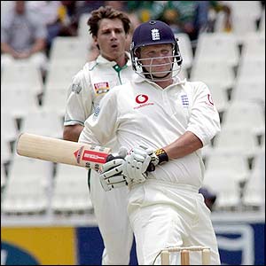 England's Robert Key avoids a Dale Steyn bouncer