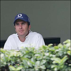 England captain Michael Vaughan waits for the rain to stop