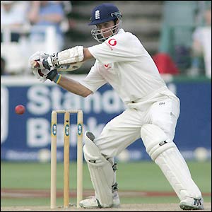 Michael Vaughan prepares to unleash a shot on his way to a score of 82 not out on Friday