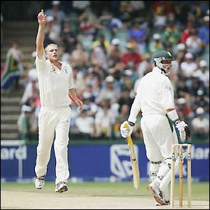 Andrew Flintoff takes his first wicket of the match as South Africa are reduced to 149-4