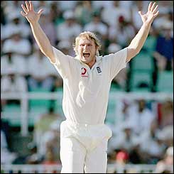 Matthew Hoggard celebrates taking the wicket of SA opener AB de Villiers