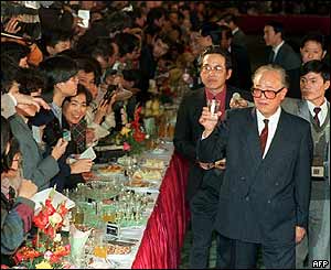 Zhao Ziyang (rights) greets foreign journalists who were allowed to cover the 13th Communist Party Congress at the People's Great Hall in Beijing, November 1987