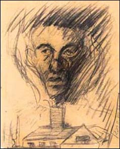 Charcoal drawing of head emerging from crematorium chimney