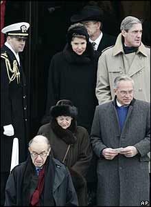 Federal Reserve Chairman Alan Greenspan (left), CIA director Porter Goss (centre) and FBI director Robert Mueller (right)