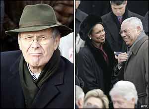 Donald Rumsfeld, Condoleezza Rice and Colin Powell