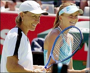 Martina Navratilova of the United States and Daniela Hantuchova, of Slovakia