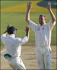 Flintoff celebrates dismissing Andrew Hall
