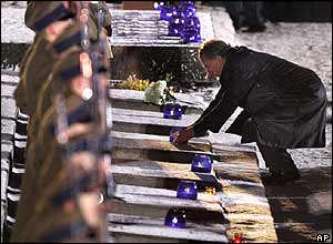 German President Horst Koehler places a candle at a monument for the camp victims