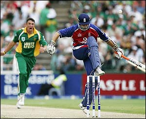 England's Michael Vaughan kick away a delivery