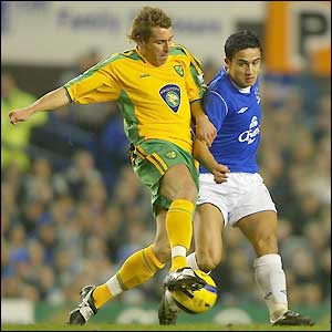 Darren Huckerby comes under pressure from Everton's Tim Cahill