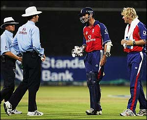Michael Vaughan and Matthew Hoggard talk to the Umpires