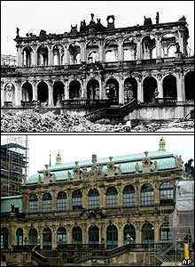 Zwinger art galleries: in ruins in 1946 and as they stand in 2005