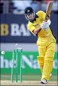 Damien Martyn is bowled by Kyle Mills
