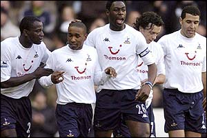 Jermaine Defoe is congratulated on his goal