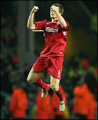 John Arne Riise celebrates scoring from a free-kick for Liverpool's second goal