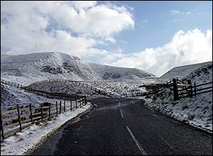Snow-covered hills in Derbyshire