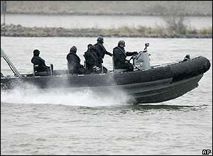 German special forces patrol the Rhine river in Mainz, Germany