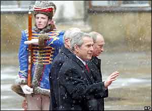 US President George W Bush (left) and Russian President Vladimir Putin (far right) before their talks in Bratislava