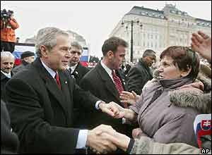 US President George W Bush greets a crowd in Bratislava, Slovakia