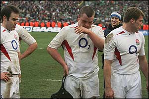 England's Charlie Hodgson, Matt Stevens and Mark Cueto show their frustration at the final whistle