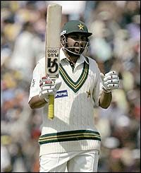 The Pakistan captain Inzamam-ul-Haq celebrates his fifty