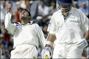 Danish Kaneria celebrates his second wicket of the innings