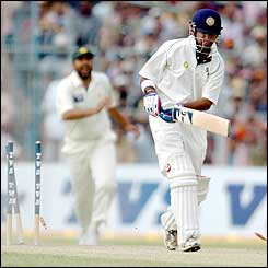 Gautam Gambhir is clean bowled for 1 by Mohammad Sami as India try to build a lead